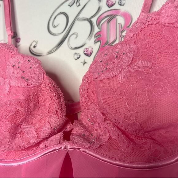Silk & satin babydoll bling rhinestone pink chemise bustier nighty dress y2k - Picture 4 of 7